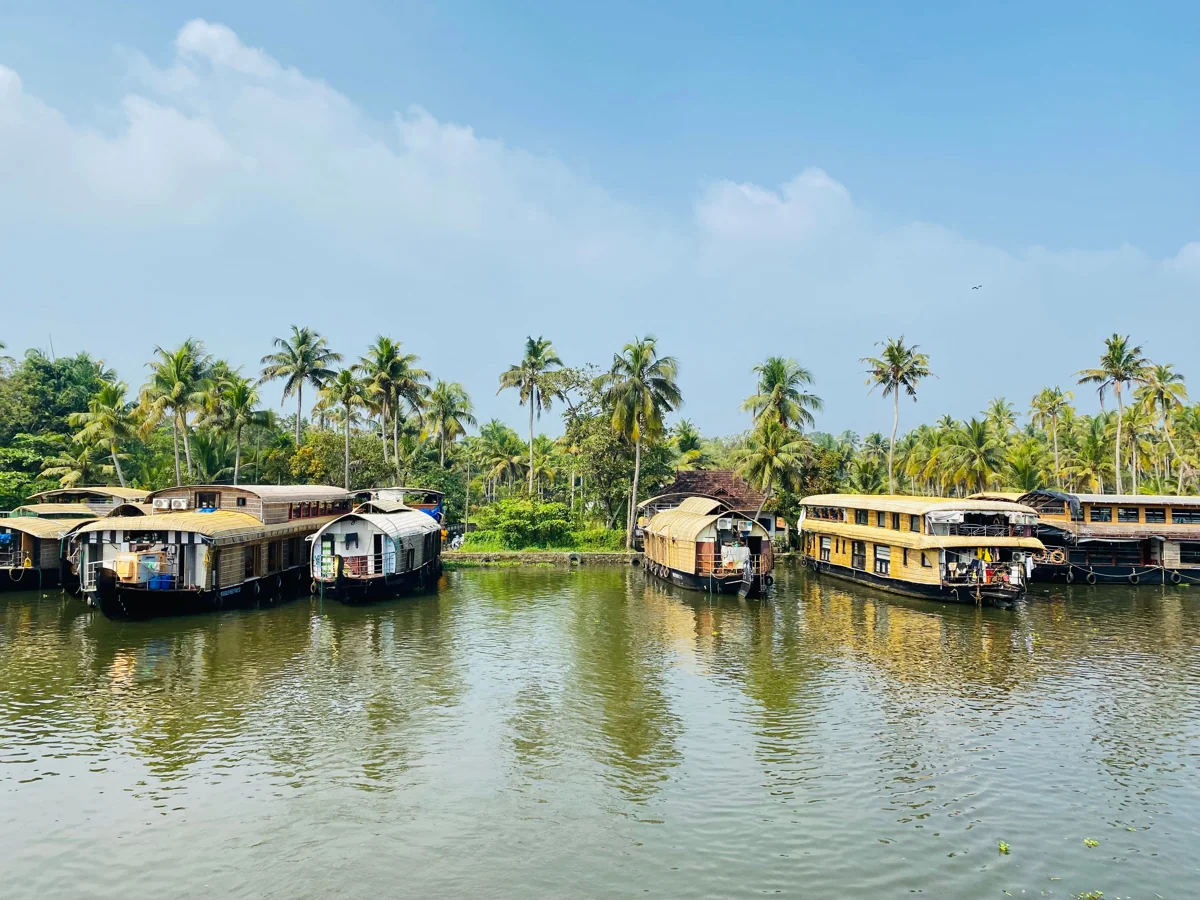 Backwaters of Kerala with traditional houseboat and palm trees