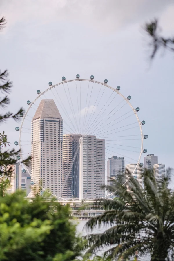 Singapore skyline at dusk with Marina Bay Sands and Supertree Grove