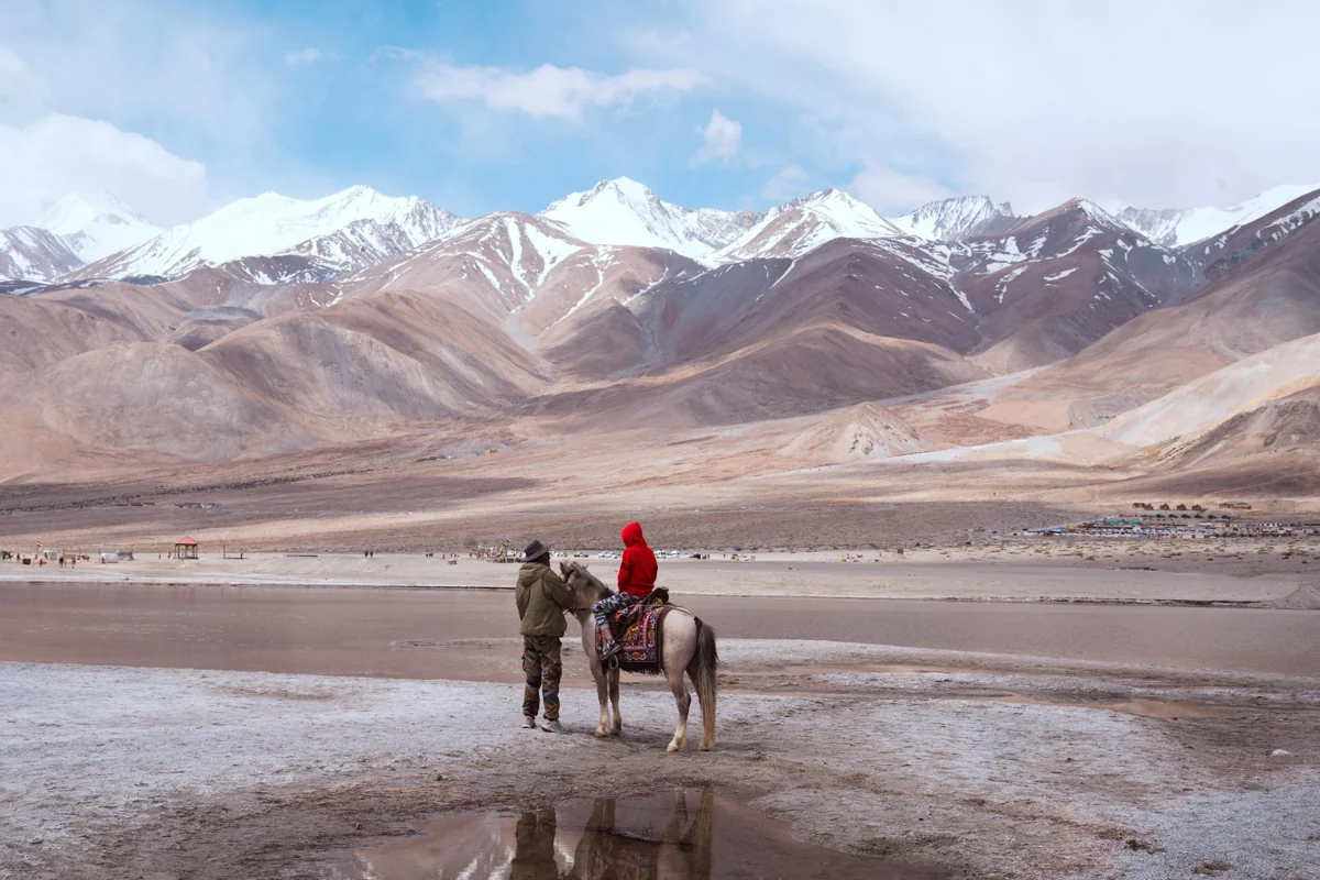 Leh Ladakh barren mountain landscape with Buddhist monastery on hilltop