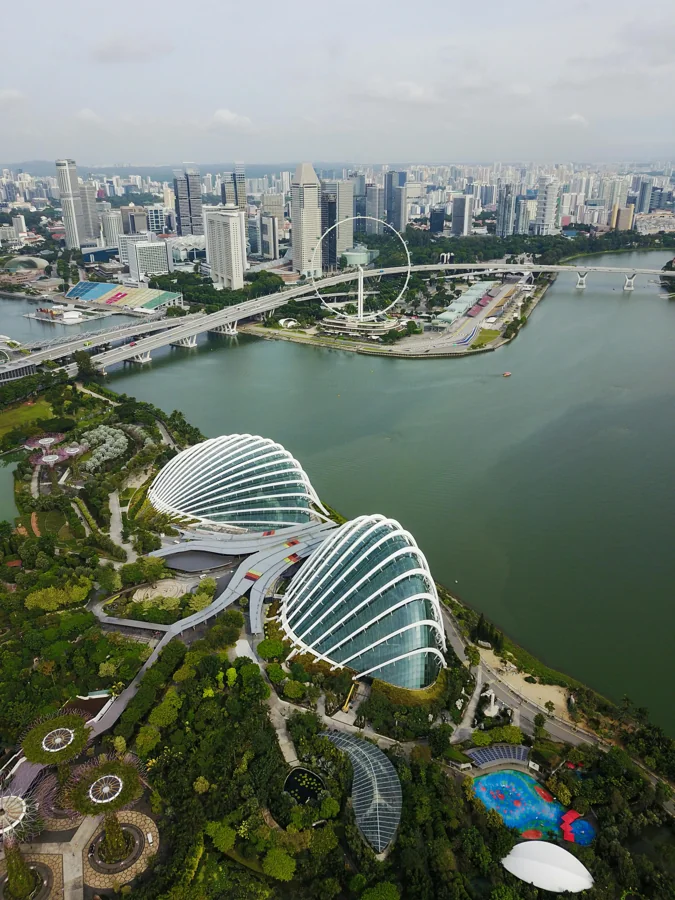 Singapore skyline at dusk with Marina Bay Sands and Supertree Grove